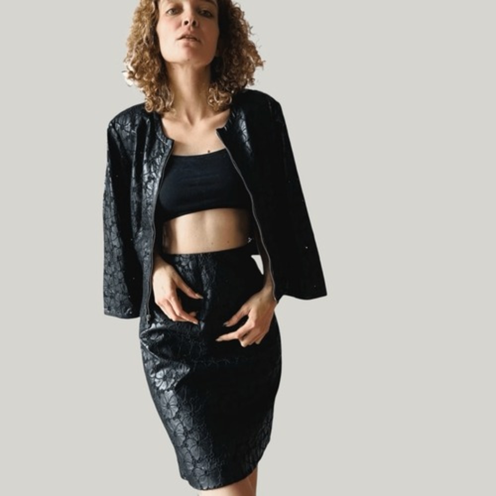 Vintage 90s Zelda Vegan Leather Set – Black Faux Leather Jacket & Skirt – Size 6